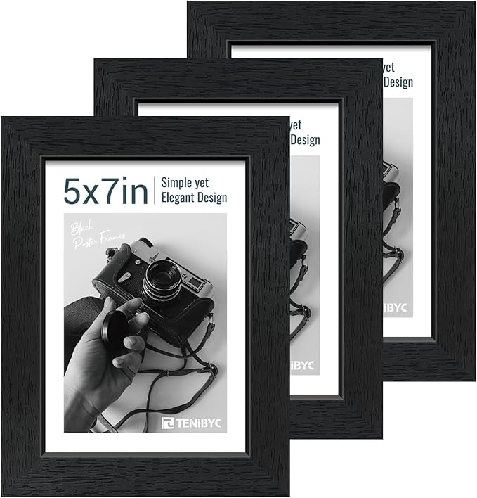 5x7 Picture Frame 3 Pack - Black Woodgrain, Solid Wood & HD Tempered Glass, Table Display or Wall Hanging-Ruum Studio Home