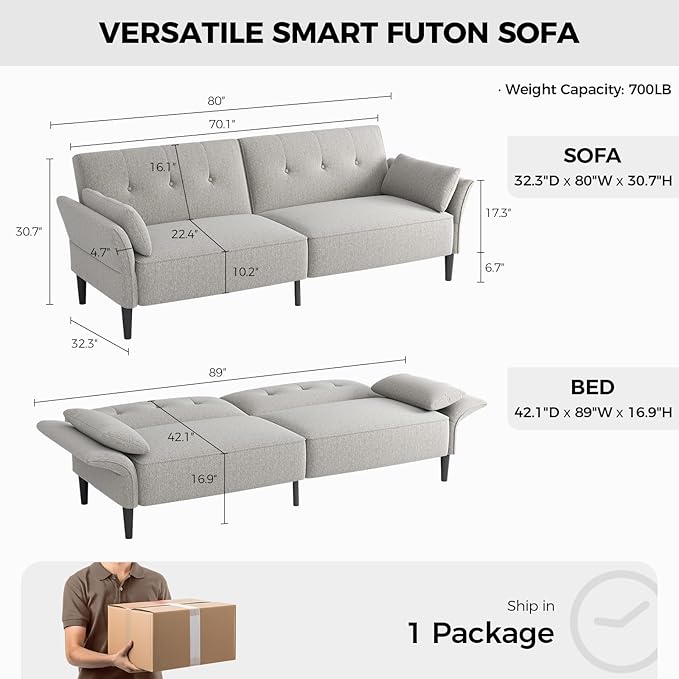 89” Futon Sofa Bed, Linen Comfy Futon Couch Bed with 2 Square Pillows, Convertible Sleeper Sofa with Adjustable Backrest& Armrests, Modern Loveseat Sleeper for Living Room, Bedroom, Light Gray-Ruum Studio Home