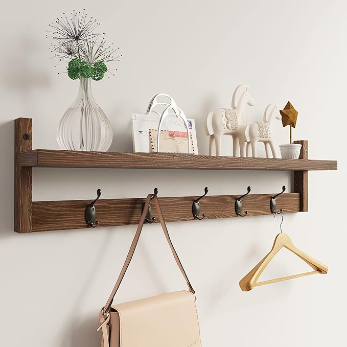 AMBIRD 28.9 Inch Length Shelf with Hooks Entryway Coat Rack Wall Mount Wood Coat Hooks with Shelf Wall-Mounted Coat Hook Rack with 5 Dual Hooks for Bathroom, Living Room, Bedroom (Brown)-Ruum Studio Home