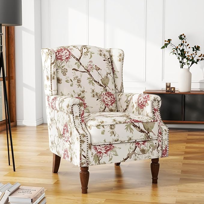 UIXE High Back Accent Chairs Set of 2, Fabric Upholstered Armchair for Living Room, Retro Printed Wingback Arm Chair Rivet Trimed Single Sofa Bedroom Reading Seat - Beige Floral-Ruum Studio Home