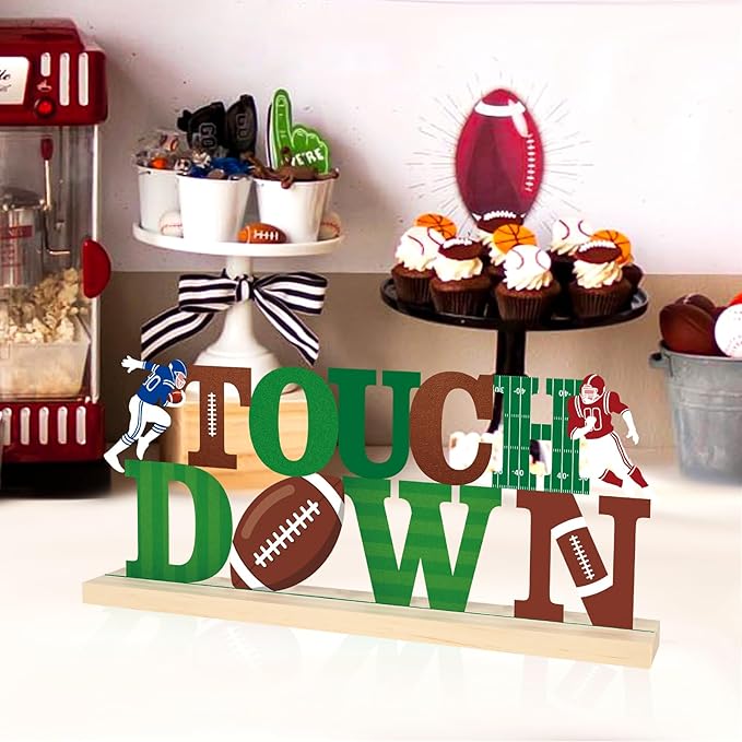 COCHIE Metal Football Touchdown Sign, Green Super Football Bowl Game Tailgate Party Decorations for Home, Office, Shelf, Mantel, Indoor, Touch Down Table Toppers Decor (Superbowl)-Ruum Studio Home