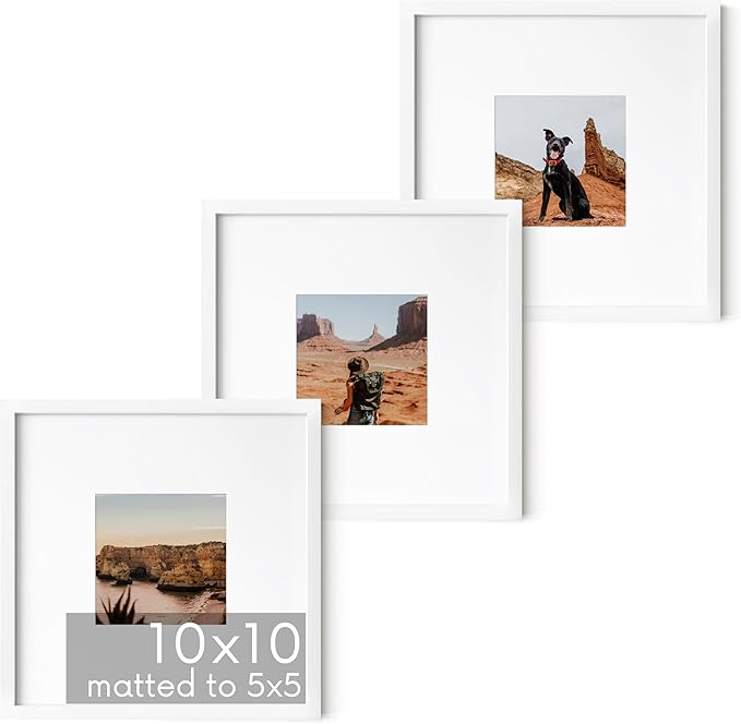 HAUS AND HUES 10x10 White Metal Picture Frames Matted to 5x5 - Features Premium Aluminum & Hanging Hardware, Shatterproof Plexiglass - Ideal for Home, Room, Office (10x10 in, White, Set of 3)-Ruum Studio Home