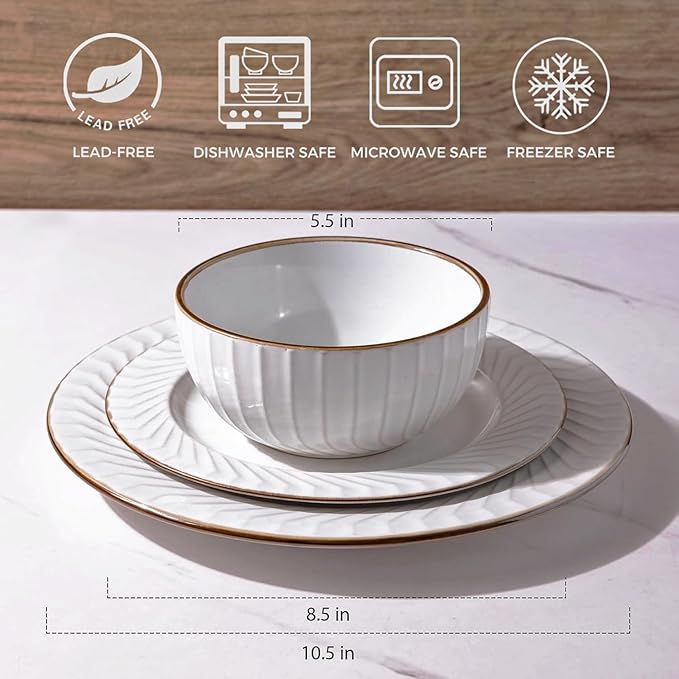 GBHOME Ceramic Dinnerware Sets,12 pcs Embossed Elegant Stoneware Plates and Bowls Sets, Housewarming Wedding Gift | Dishwasher & Microwave Safe | Dishes Set Service for 4-Ruum Studio Home