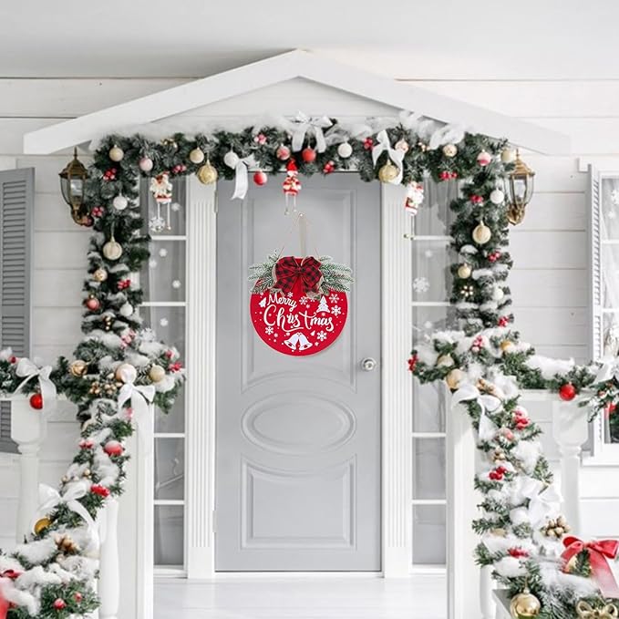 HOMCDALY Merry Christmas Welcome Sign for Front Door, Red X-mas Sign with Light, Holiday Door Decoration Wooden Hanging Sign, Christmas Decoration, Wall Art, Wall Decor(Red)-Ruum Studio Home