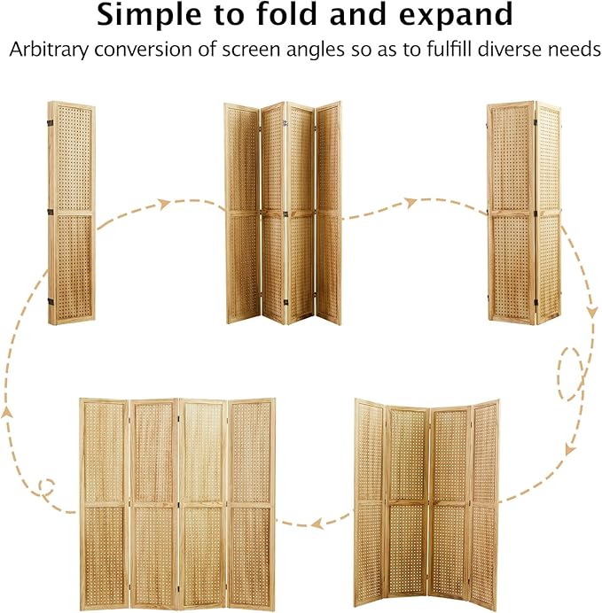 Room Divider Freestanding Folding Pegboard Privacy Screen | 4-Panel Display Stand for Jewelry, Craft Shows, Retail | Natural Wood, Portable & Space-Saving Design (Natural)-Ruum Studio Home