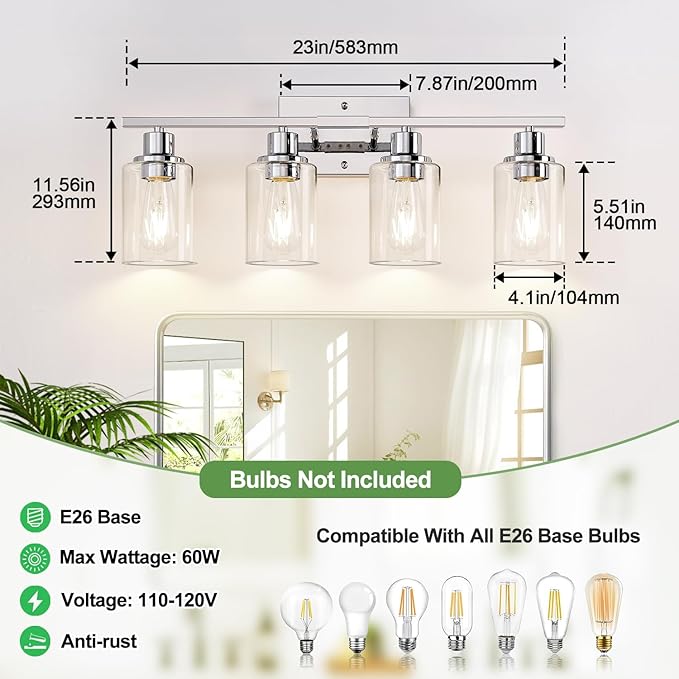 4 Light Bathroom Light Fixtures, Chrome Vanity Lights with Clear Glass Shades, Modern Bathroom Light Fixtures Over Mirror, Modern Bathroom Wall Lamp for Mirror Living Room Cabinet-Ruum Studio Home