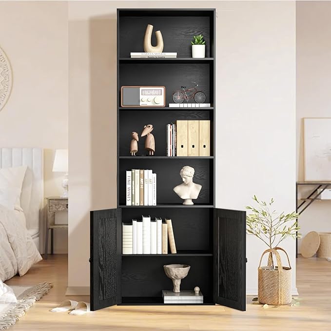 Tall Wooden Bookshelf with Cabinet and Doors – 70.86” Freestanding Tall Bookcase for Heavy Books, Living Room Storage, Home Office Shelf, Bedroom Organization – Vintage Black Wood Book Shelf-Ruum Studio Home