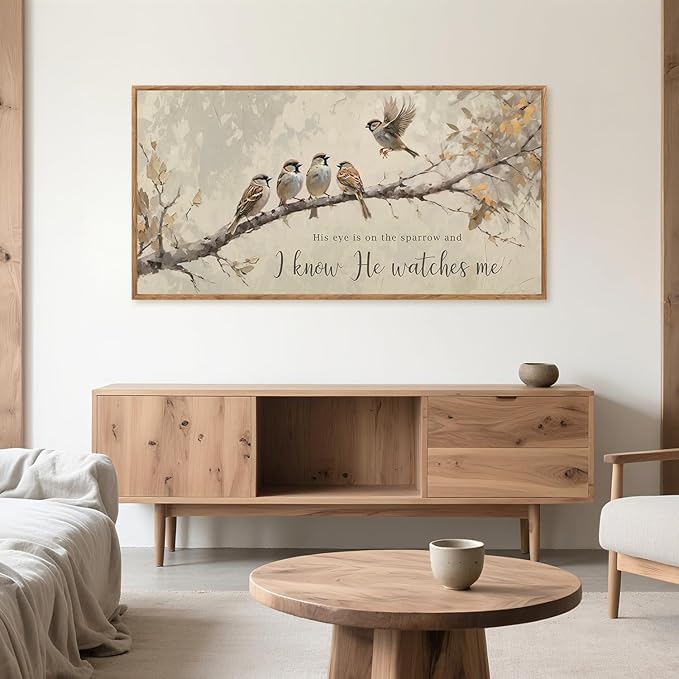 Aurlan His Eye is on the Sparrow Christian Wall Art Framed(40"x20"), Vintage Neutral Birds on Tree Branch Nature Canvas Artwork, Religious Faith Gift Bible Verse Scripture Print Decor for Home Office Bedroom-Ruum Studio Home