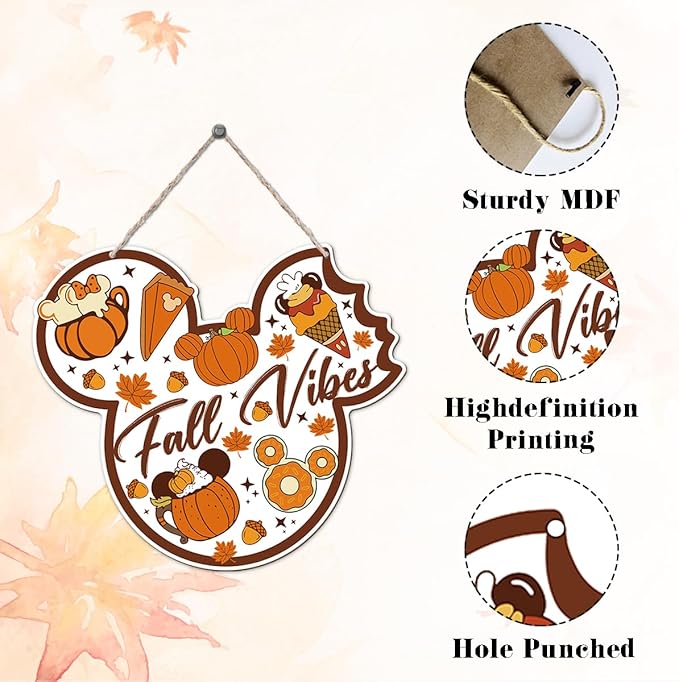 Fall Vibes Door Hanger, Fall Mouse Welcome Door Sign, Wooden Maple Leaves Mushroom Hanging Decor for Front Door, Fall Wood Wreath Wall Decors for Autumn Harvest Thanksgiving Home Decor-Ruum Studio Home