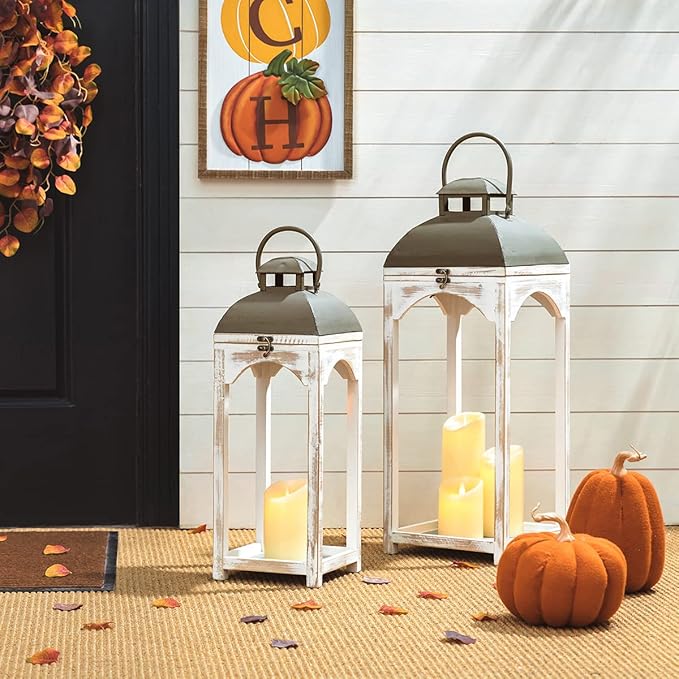 Glitzhome Set of 2 Mondern Farmhouse Wood Metal Lanterns Decorative Candle Lanterns, White (No Glass)-Ruum Studio Home