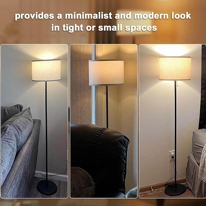 Ambimall Modern Standing Floor Lamp for Living Room & Bedroom with 3 Color Temperatures Bulb & Pull Chain Switch, 60" Tall with Beige Shade & Black Pole-Ruum Studio Home