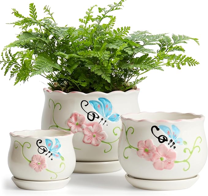 Ceramic Plant Pots with Drainage Holes and Saucers, Round Flower Pots for Indoor Plant, 3.9/5.2/6.7 Inches Flower Large Planters Set of 3-Ruum Studio Home