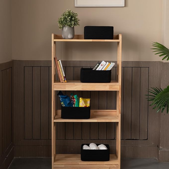 4 Pack Small Storage Shelf Baskets for Organizing, Mini Woven Rope Storage Bins for Towels, Cute Decorative Closet Organizer，Baby Nursery, Gift Empty Baskets -11.81''Lx7.87''Wx4.72''H-Black-Ruum Studio Home