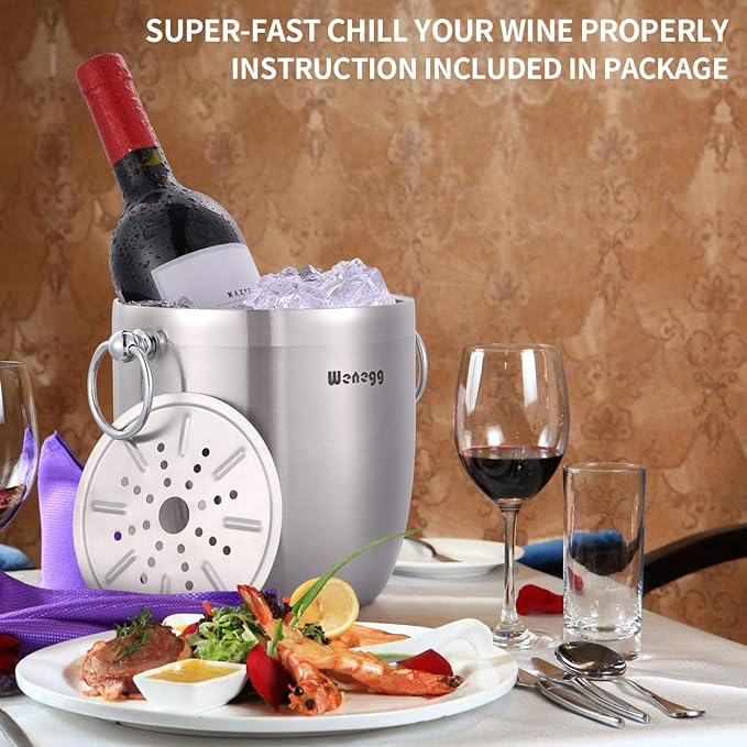 Ice Bucket with Lid, Scoop, Tongs and Strainer - Well Made Insulated Stainless Steel Keep Ice Frozen Longer - Ideal for Cocktail Bar, Parties, Chilling Wine, Champagne - 3 Liter (Stainless Steel)-Ruum Studio Home