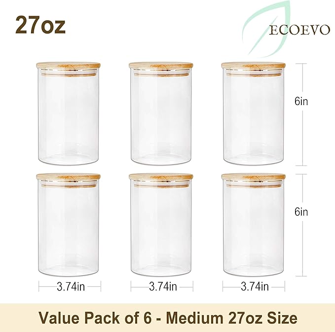 Glass Jars with Bamboo Lids (27oz in 6 Pack), Glass Food Jars and Canisters Sets, Food Storage Container with Airtight Lids, Food Pantry Jars,-Ruum Studio Home