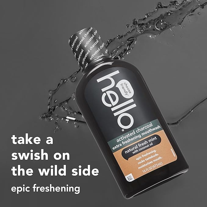 Hello Activated Charcoal Extra Freshening Mouthwash, Natural Fresh Mint and Coconut Oil, Fluoride Free, Alcohol Free, Vegan, SLS Free and Gluten Free, 16 Fl Oz (Pack of 3)-Ruum Studio Home