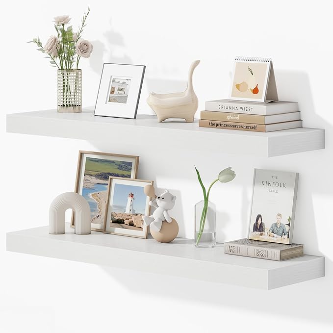 36 Inches Floating Shelves for Wall, 9.3" Deep Long Floating Shelves Set of 2, Large Display & Storage Shelf, Wall Shelf for Bathroom Bedroom Living Room Kitchen Office, White-Ruum Studio Home