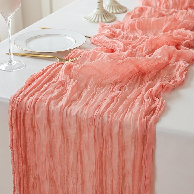 Sioloc 1 Pack Peach Coral Cheesecloth Table Runner Fall Autumn Decor for Home 10ft Table Cloth for Tea Wedding Birthday Party Baby Bridal Shower Halloween Thanksgiving-Ruum Studio Home