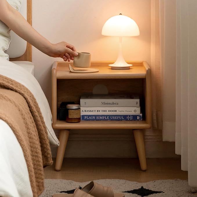 Small Nightstand, 100% Solid Oak Wood Bedside Table, Mid Century Modern Nightstand with Open Storage,Storage Cabinet for Bedroom (2pc Natural Color)-Ruum Studio Home