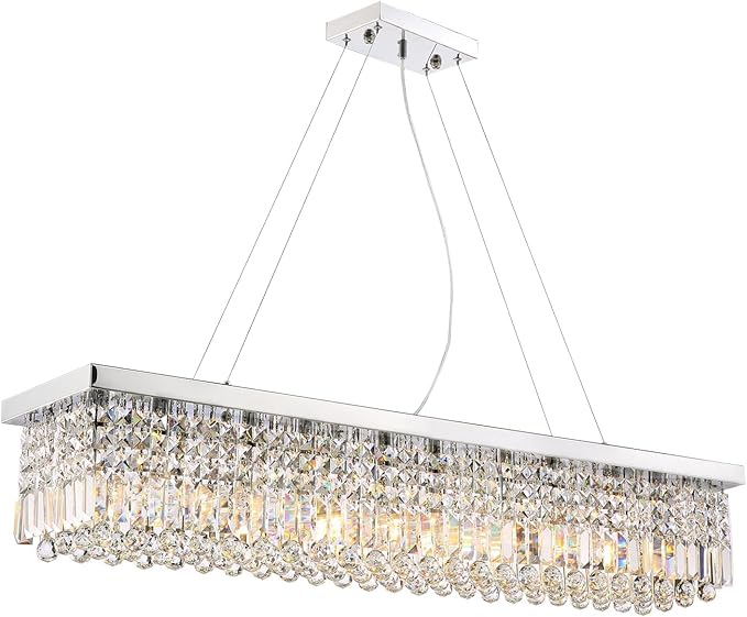 Siljoy Modern Rectangular Crystal Chandelier, 47" Rectangle Raindrop Hanging Ceiling Pendant Light Fixture Adjustable Height for Kitchen Island Dining Room, Polished Chrome Finish, L47 x W10 x H10-Ruum Studio Home