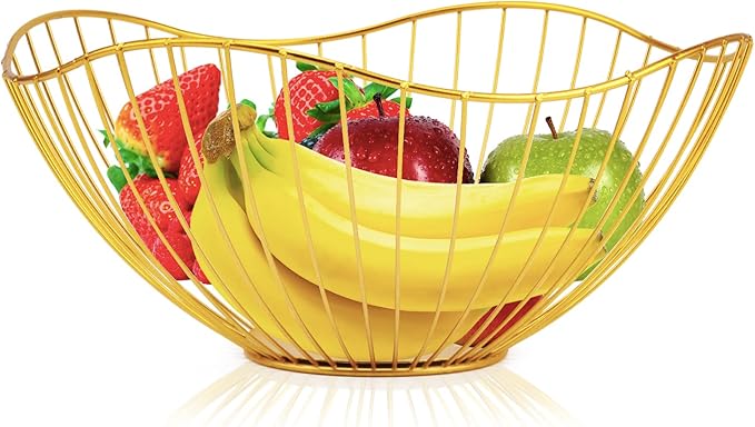 Metal Wire Fruit Basket, Gold Fruit Bowl for Kitchen Counter, Fruit Holder Stand Storage Baskets for Countertop, Home Decor, Table Centerpieces, Vegetable Bowls for Fruits, Veggies, Snacks (Gold)-Ruum Studio Home