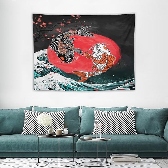 Houselerax Koi Fish Tapestries,Japanese Style Yin Yang Big Wave Cherry Blossoms Tapestry Wall Hanging for Bedroom Living Room Office Decor 40"x30"-Ruum Studio Home