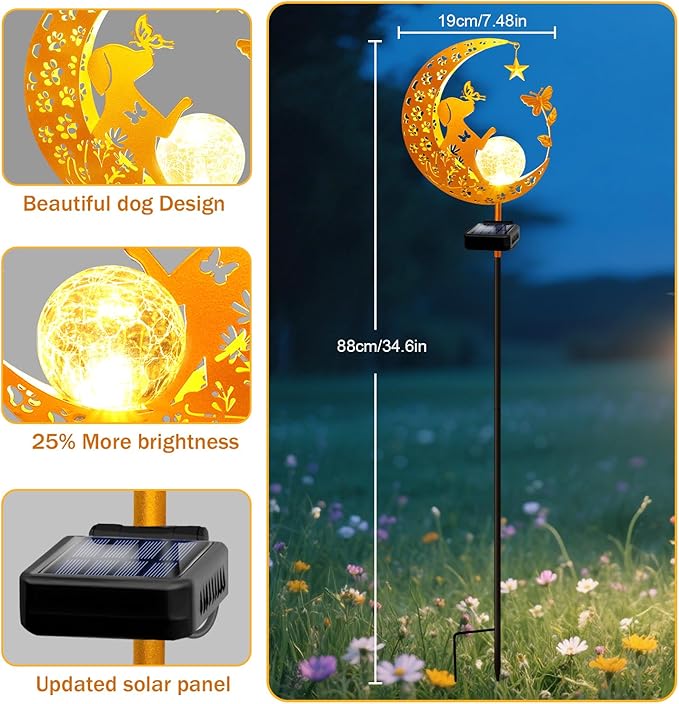 YJFWAL Garden Solar Dog Lights Pathway Stake Lights Glass Globe with Moon Dog Decor, Gifts for Mom Grandma Friends, Outdoor Decor Light Waterproof for Walkway, Yard, Patio or Garden (Warm White)-Ruum Studio Home