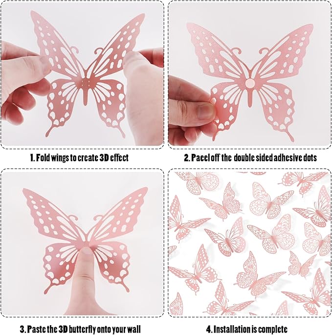 SAOROPEB 3D Butterfly Wall Decor - 48 Pcs, 4 Styles, 3 Sizes - Removable Wall Stickers for Pink Room Decor, Birthday Parties, Cake Decorations-Ruum Studio Home