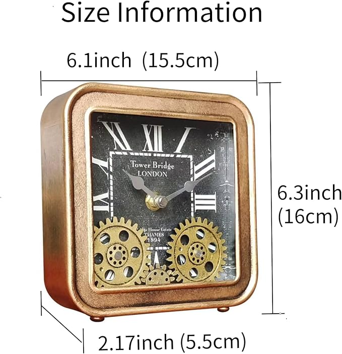 Desk Clock Vintage Metal Table Clocks with Moving Gears, Silent Retro Industrial Steampunk Quartz Small 6 inch End Table Clock for Home Office Living Room Decor Battery Operated (Gold)-Ruum Studio Home