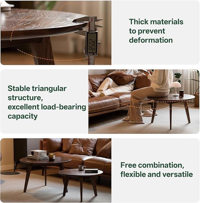 100% Solid Oak Wood Coffee Table Set, Round Coffee Table Combo Side Table w/Solid Wood Legs, Mid Century Table Sturdy Tables for Bedroom Balcony Living Room (Walnut, Big-Medium Combo)-Ruum Studio Home