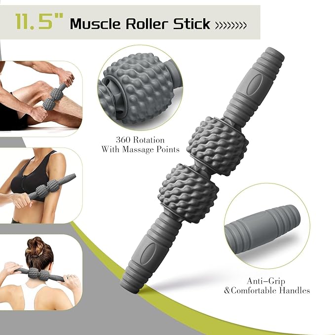 5-in-1 Foam Roller Set, Massage Roller Stick, Massage Ball, Resistance Band for Deep Muscle Massage, Trigger Point Release, Pilates, Yoga (Grey)-Ruum Studio Home