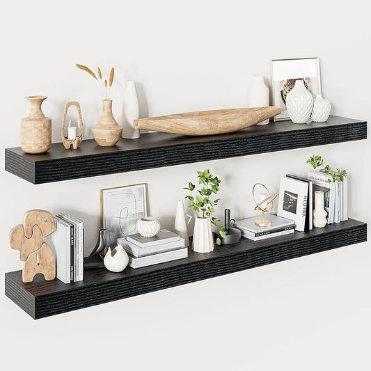 Heimlove Floating Shelves for Wall 48 Inches Long,9.3" Deep Black Floating Shelf Set of 2,Wall Mounted Wood Shelves for Bathroom Bedroom Living Room Kitchen Office,Shelf for Books Storage Room Decor-Ruum Studio Home