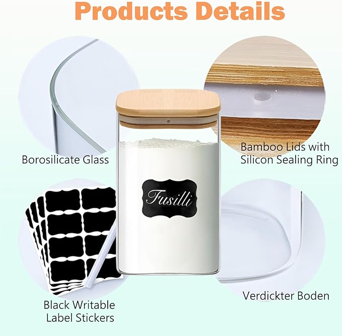 Square Glass Jars Canister with Wood Lid 37 FL OZ [Set of 4], Container Jar with Sealing, Lids for Oat Pasta Flour Cereal Rice Sugar Tea Coffee Beans, Best for Kitchen & Pantry-Ruum Studio Home