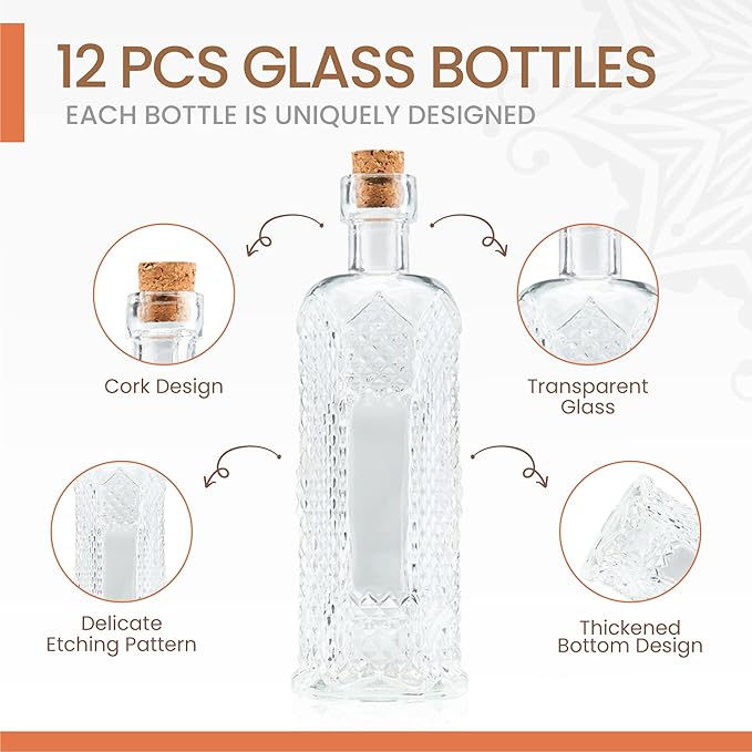 Small Mini Clear Vintage Glass Bottles with Corks, Mini Vases, Decorative, Potion, Assorted Design Set of 12 pcs, 4.6 Inch Tall (11.43cm), 1.4 Inch Wide (3.56cm)-Ruum Studio Home