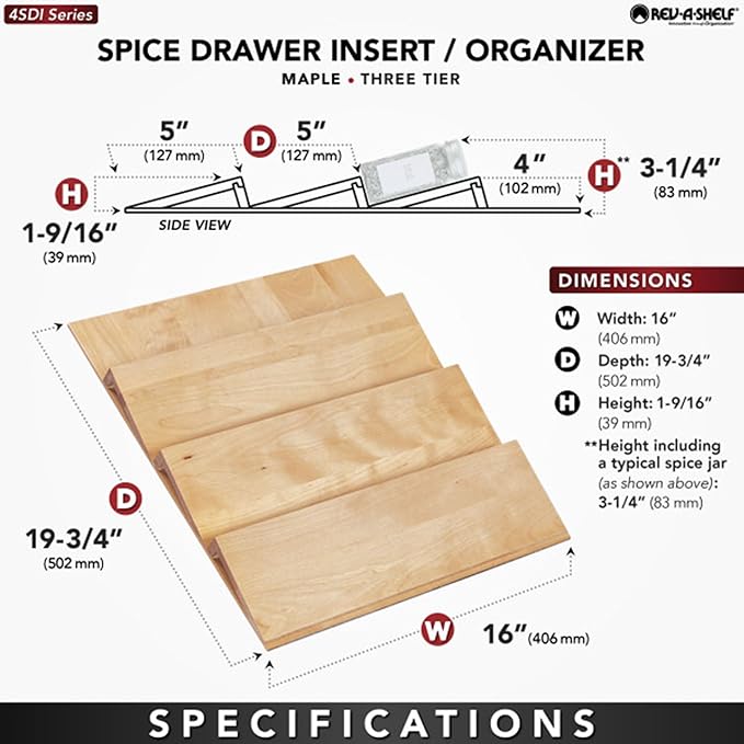 Rev-A-Shelf 16" 3 Tiered Seasoning Organizer, Trim-to-Fit Wooden Kitchen Draw and Cabinet Home Storage Insert, Pull Out Spice Rack, Maple, 4SDI-18-Ruum Studio Home
