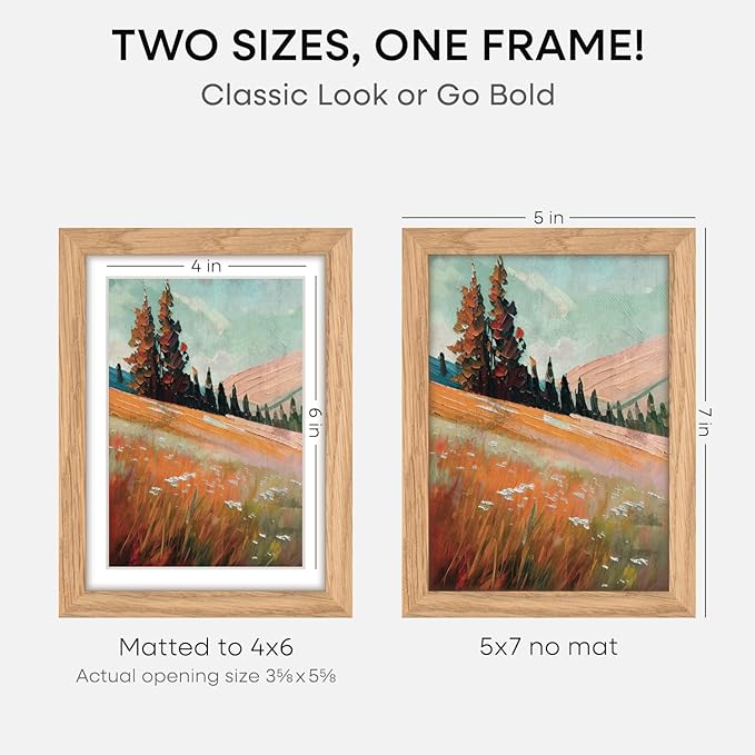 Homeforia 5x7 Picture Frame Wood, High End Natural Oak 5x7 Light Wooden Frames with Mat 4x6 for Photo, 5 x 7 Frame Matted to 4 x 6 Print, 7x5 Wall or Tabletop Frame, Tempered Glass, Wall Kit, Set of 1-Ruum Studio Home