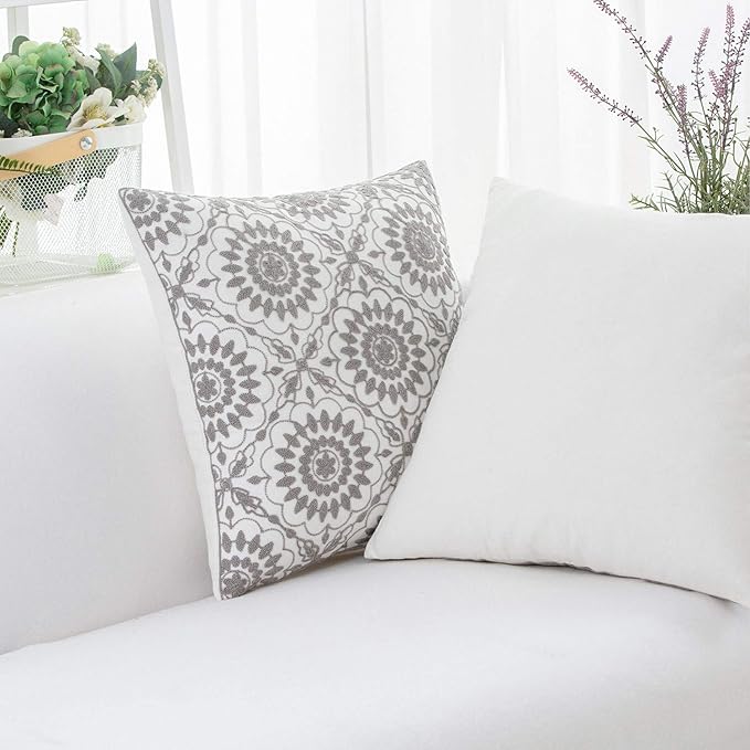 HWY 50 Gray Grey Decorative Throw Pillow Covers 18x18 Inch (1 Piece), Embroidered Cotton Farmhouse Cushion Cover Pillow Case for Sofa Couch Living Room Bed, Little Sunflower-Ruum Studio Home