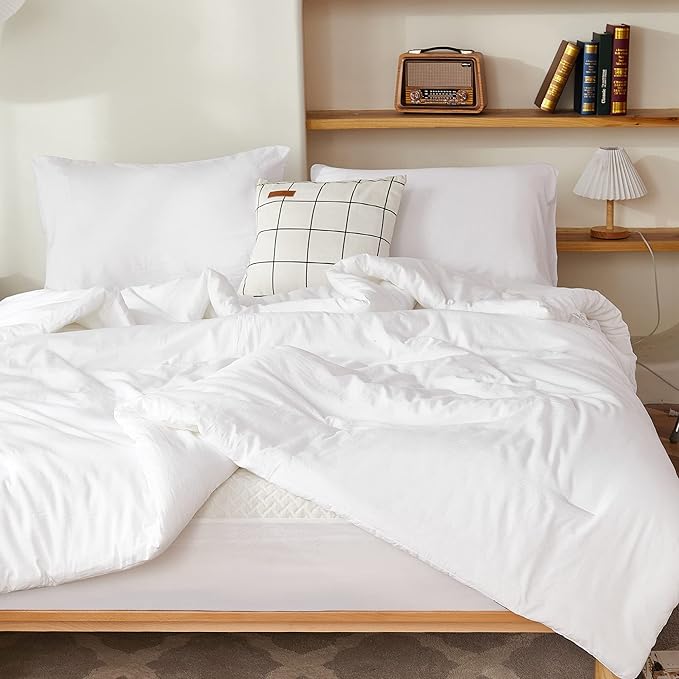 Litanika White Comforter Set Queen Size, 3 Pieces Lightweight Solid Bedding Comforter Set, All Season Fluffy Bed Set (90x90In Comforter & 2 Pillowcases)-Ruum Studio Home