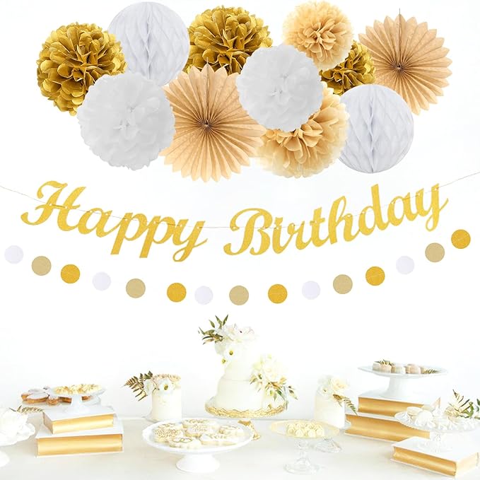 White-Gold Champagne Birthday Party-Decorations Paper-Flowers - 14pcs Happy Banner Engagement Honeycomb Tissue Pom Poms,Women Streamers Garland Beige Fans,21st 18th Girl Hanging Supplies Decor Hugfond-Ruum Studio Home
