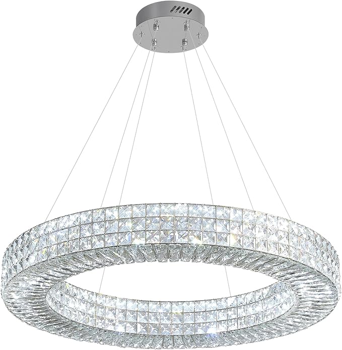 Dia 32" Ring Crystal Chandelier Modern Silver Ring Chandelier Adjustable Height Luxury Crystal Pendant Ceiling Light Fixture for Dining Living Room Bedroom-Ruum Studio Home