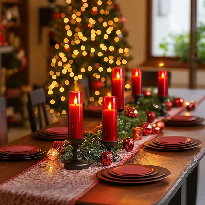 Amagic Christmas Red Flameless Candles, Battery Operated Candles with Remote and Timer, Acrylic Flickering LED Candles for Thanksgiving Decor, D2.2''xH5''6" 7", Set of 9-Ruum Studio Home