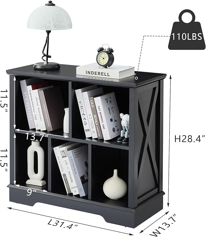 Farmhouse 5 Cube Bookshelf, Black Storage Organizer Bookcase, Kids Toy Storage Cabinet, Small Bookshelves Storage Organizer Shelf, Wood Display Cabinet Book Shelves for Bedroom,Living Room,Office-Ruum Studio Home