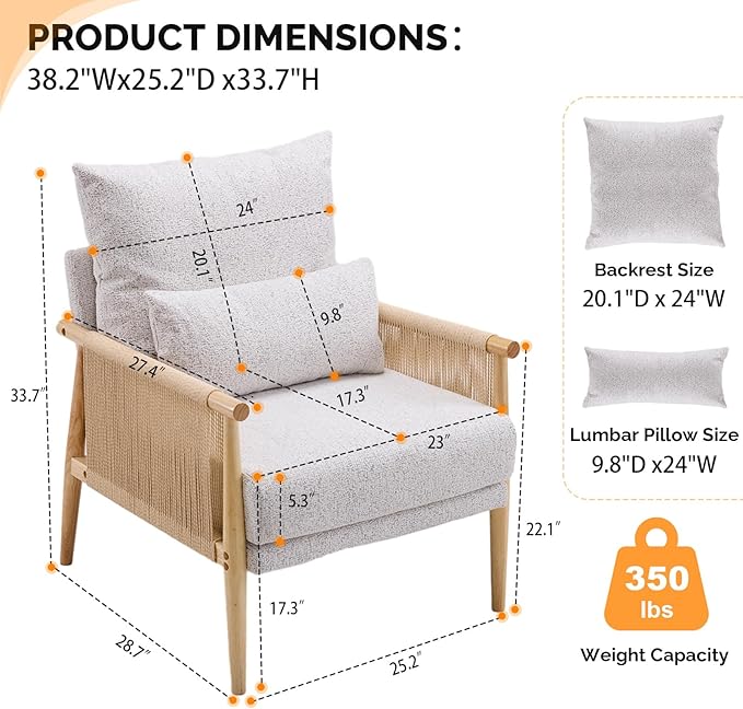 VINGLI Boho Braid Accent Armchairs Set of 2,Mid-Century Modern Chiars with Solid Wooden Armrest,Comfy Louge Cushion Chairs with Waist Pillow for Bedroom,Living Room,Reading Room, Light Grey-Ruum Studio Home