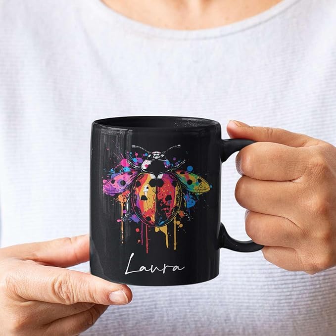 Personalized Choose Name Ladybug Coffee Mug, Colorful Ladybug Animal Design Cup, Customized Ladybug Lover Ceramic Mug, Gift For Christmas, Custom Animal Black Cup 11oz 15oz, Ladybug Mug-Ruum Studio Home