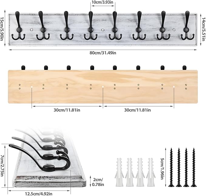 Coat Rack Wall Mount, Wooden Heavy Duty Coat Rack for Wall,8 Triple Coat Hanger Hooks for Hanging Coats,Jacket,Hat,Clothes (Grey White, 8 Hooks)-Ruum Studio Home