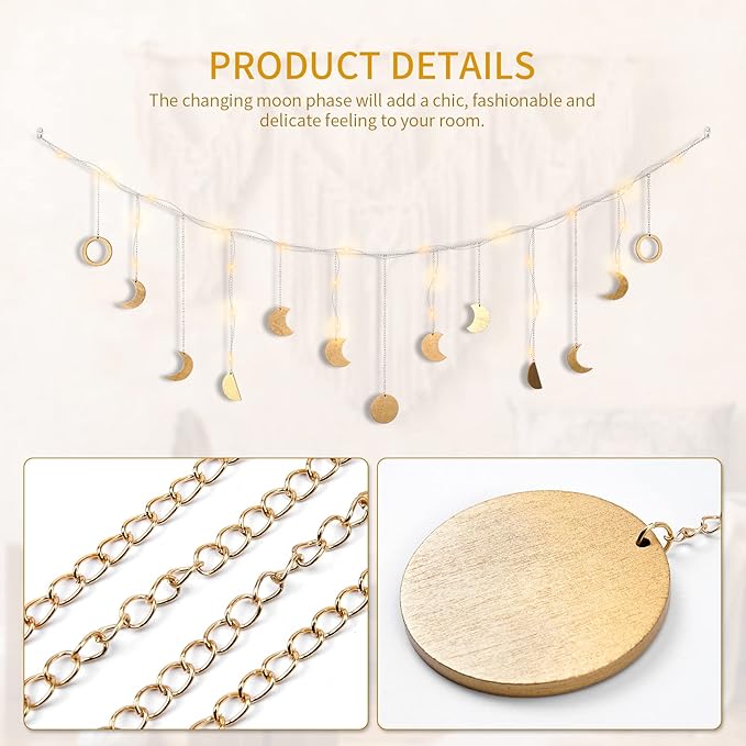 Moon Phase Wall Decor with LED String Light, 13 Gold Wood Boho Wall Hanging Decor Mood Garland 56'' - Celestial Phases Moon Decor in Bohemian Style for Bedroom Home Living Room-Ruum Studio Home
