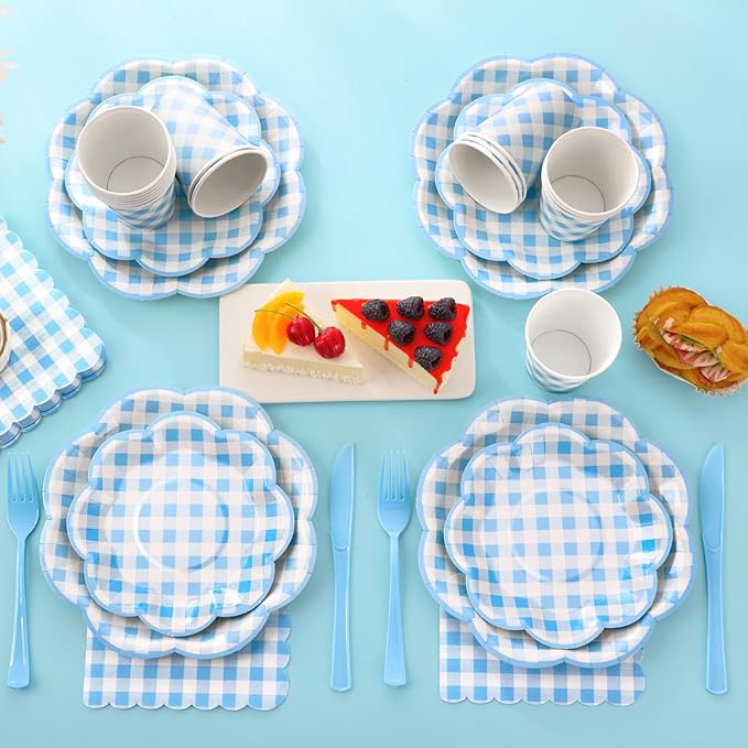 350 Pcs Blue Gingham Plates and Napkins Party Supplies - Blue and White Checkered Plates Sets Serve 50 Guests - Scalloped Gingham Paper Plate for Birthday Dinner Wedding Baby Shower Party Decorations-Ruum Studio Home