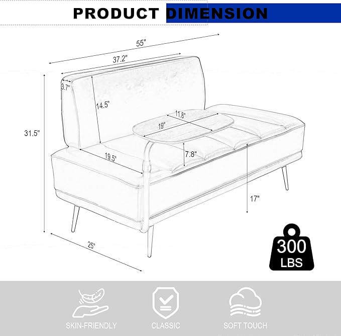 Sofa,Bed Bench,Small Spaces Furniture,Polyurethane Leather,Wood Frame,High Density Sponge Infillings,360-Degree Swivel Tray,Black Metal Leg (Blue)-Ruum Studio Home