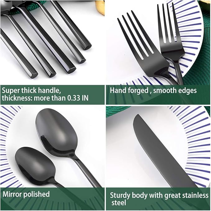 Hand Forged Stainless Steel Flatware Set Silverware Set Cutlery Set Hexagon Handle Black Mirror Finished 20 Pieces Service for 4-Ruum Studio Home