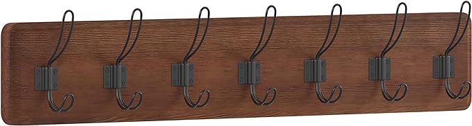 HBCY Creations Rustic Brown Solid Wood Wall Mounted Coat Rack with Shelf, 7 Hooks, 34" Long - Kitchen, Mudroom, Entryway, Bathroom - Includes Mounting Hardware, Coat Hanger, Dog Leash Hooks-Ruum Studio Home